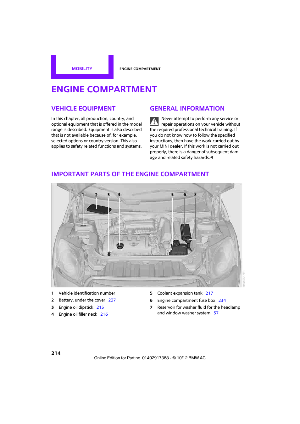 Engine compartment, Vehicle equipment, General information | Important parts of the engine compartment | Mini 2013 Countryman User Manual | Page 215 / 275