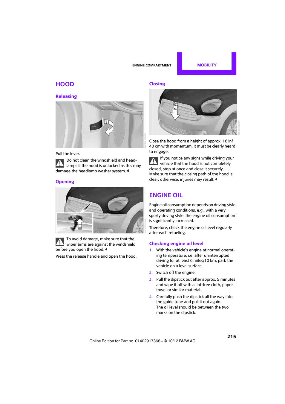 Hood, Engine oil | Mini 2013 Countryman User Manual | Page 216 / 275