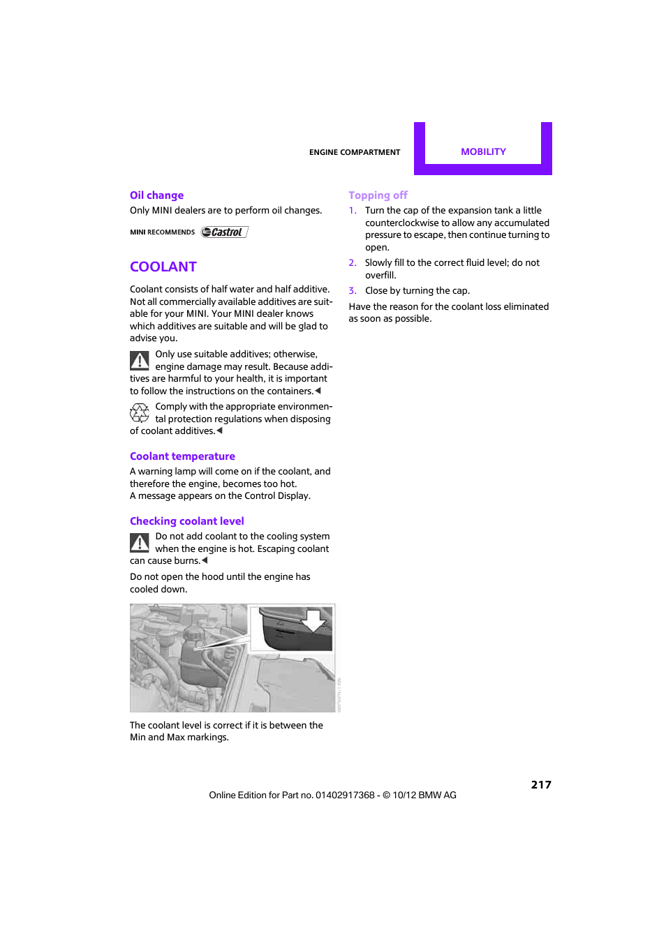 Tank, Coolant | Mini 2013 Countryman User Manual | Page 218 / 275