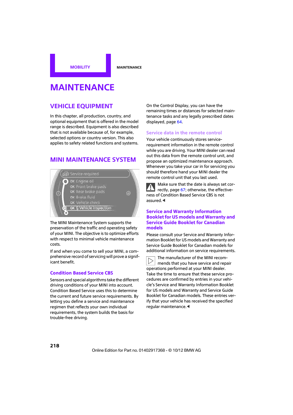 Service data in the remote control, Maintenance, Vehicle equipment | Mini maintenance system | Mini 2013 Countryman User Manual | Page 219 / 275