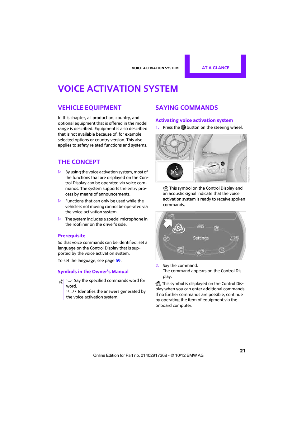 Voice activation system, Vehicle equipment, The concept | Saying commands | Mini 2013 Countryman User Manual | Page 22 / 275
