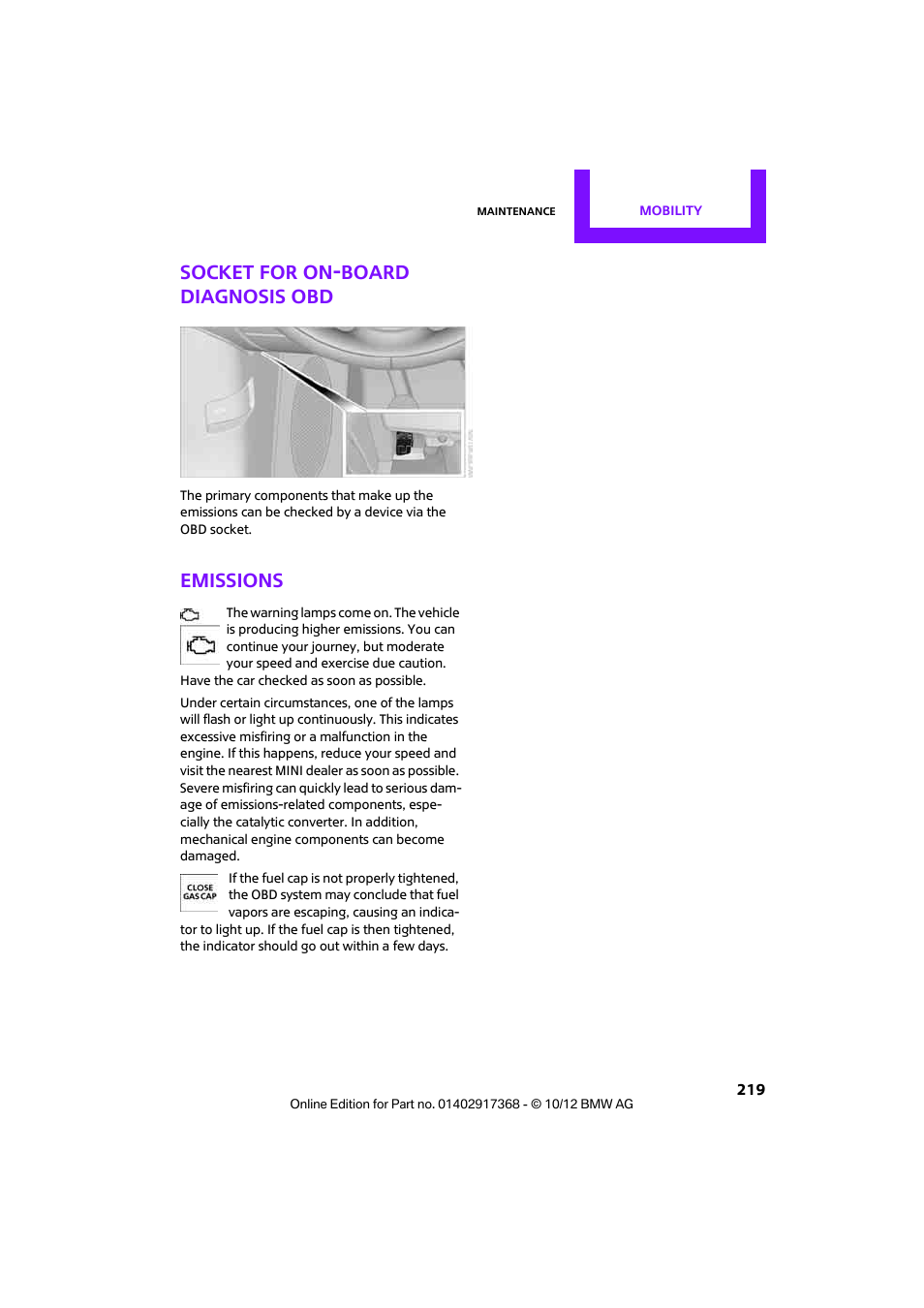 Socket for on-board diagnosis obd, Emissions | Mini 2013 Countryman User Manual | Page 220 / 275