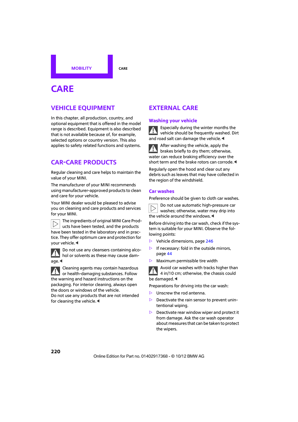 Care, Vehicle equipment, Car-care products | External care | Mini 2013 Countryman User Manual | Page 221 / 275