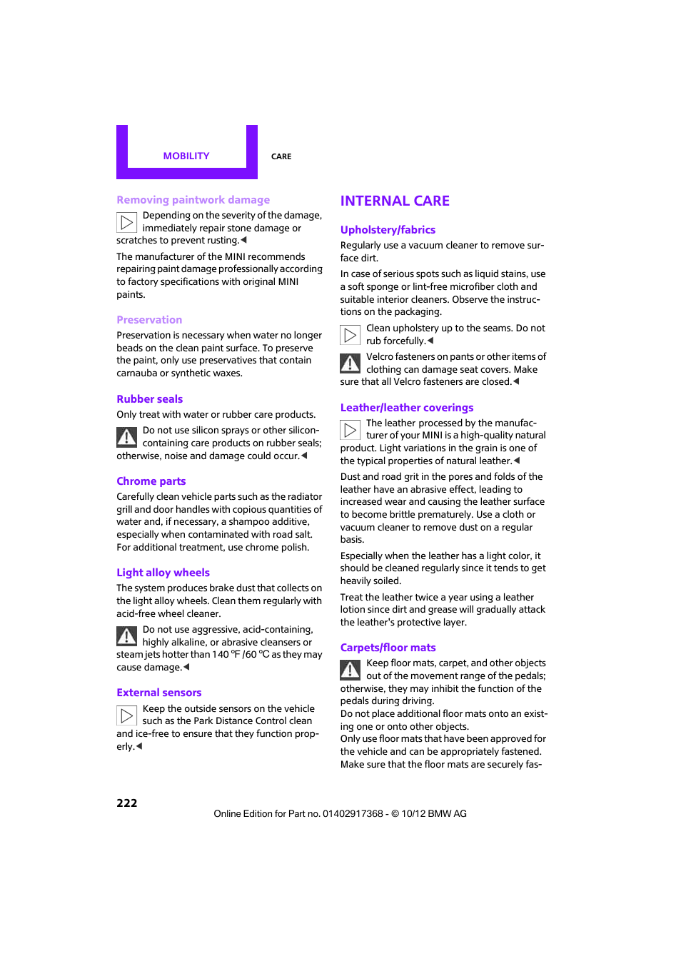 Internal care | Mini 2013 Countryman User Manual | Page 223 / 275