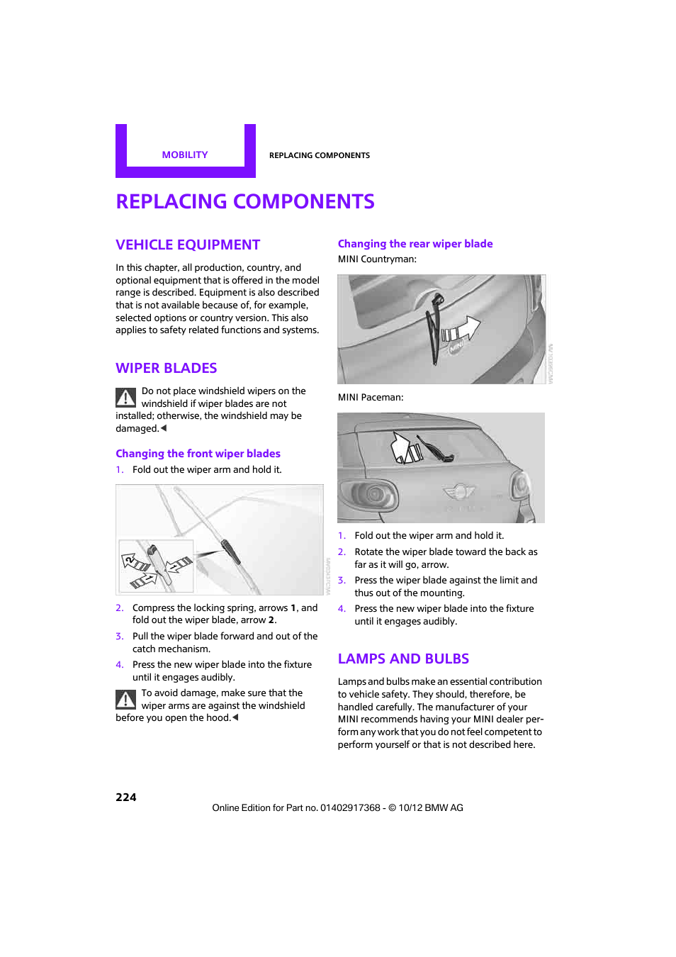 Replacing components, Vehicle equipment, Wiper blades | Lamps and bulbs | Mini 2013 Countryman User Manual | Page 225 / 275