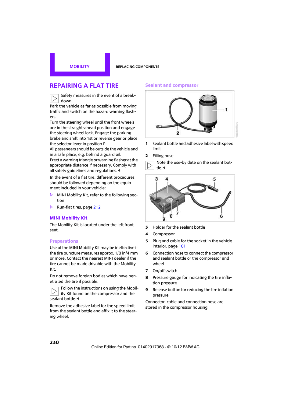 Repairing a flat tire | Mini 2013 Countryman User Manual | Page 231 / 275