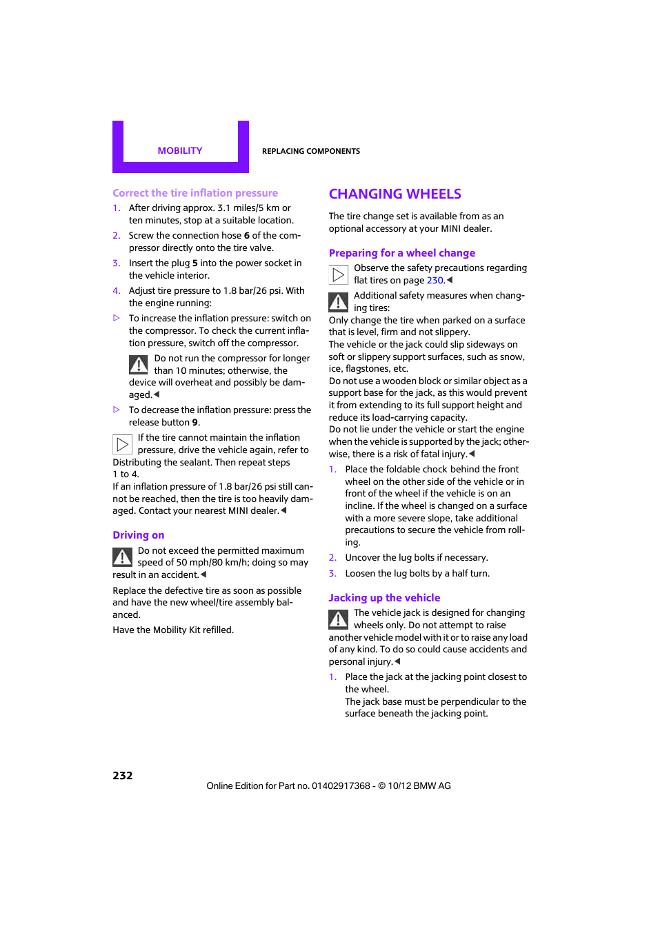 Changing wheels | Mini 2013 Countryman User Manual | Page 233 / 275