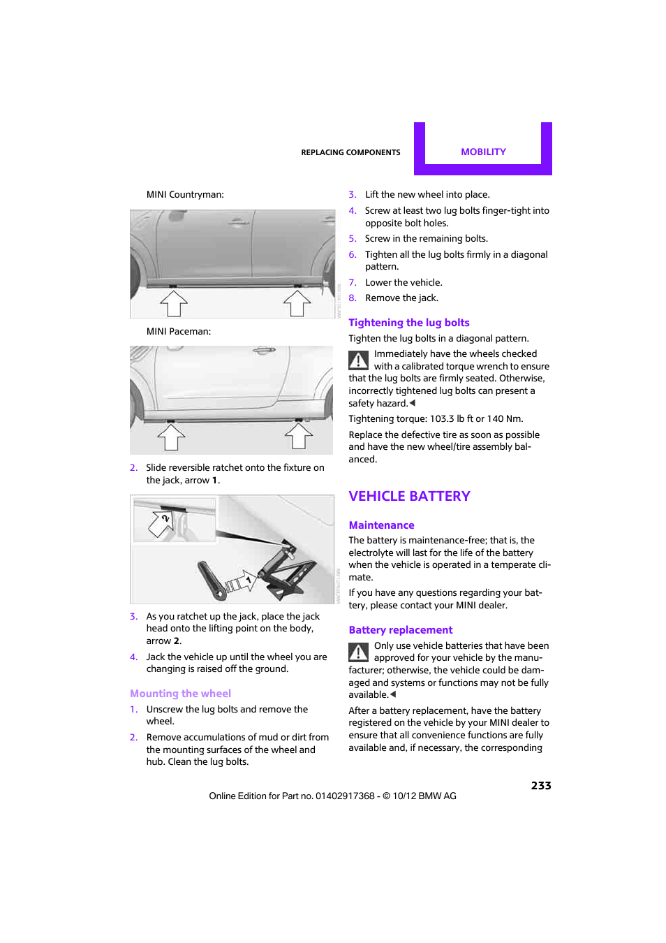 Vehicle battery | Mini 2013 Countryman User Manual | Page 234 / 275