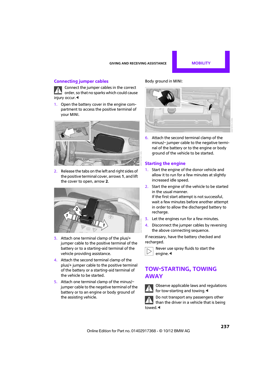 Tow-starting, towing away | Mini 2013 Countryman User Manual | Page 238 / 275