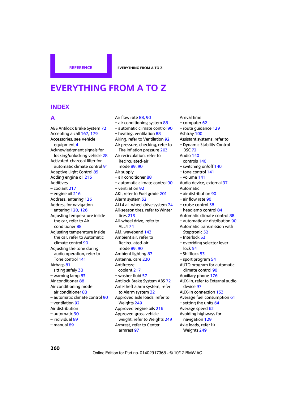 Everything from a to z, Index a | Mini 2013 Countryman User Manual | Page 261 / 275