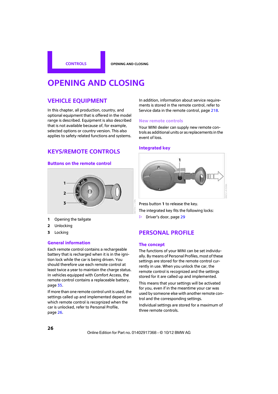 Opening and closing, Vehicle equipment, Keys/remote controls | Personal profile | Mini 2013 Countryman User Manual | Page 27 / 275