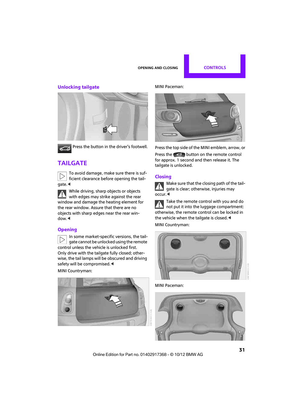 Tailgate | Mini 2013 Countryman User Manual | Page 32 / 275