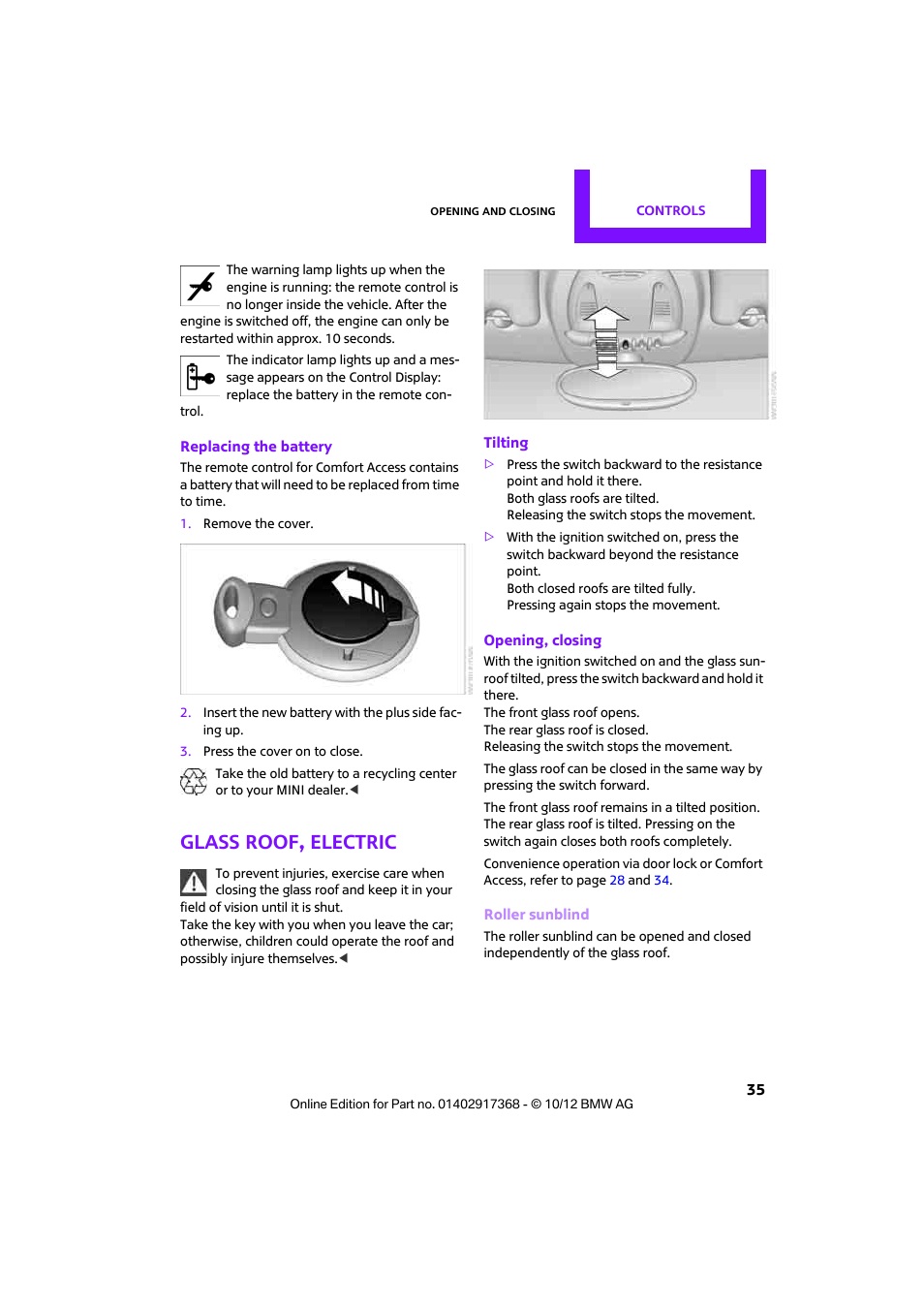 Glass roof, electric | Mini 2013 Countryman User Manual | Page 36 / 275