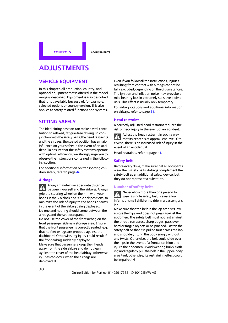 Adjustments, Vehicle equipment, Sitting safely | Mini 2013 Countryman User Manual | Page 39 / 275