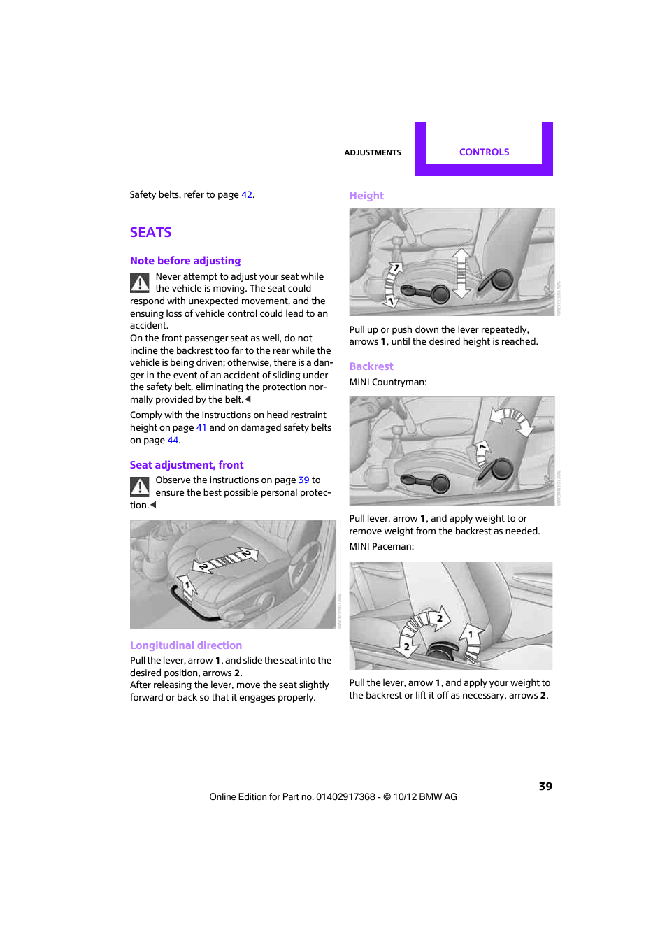 Seats | Mini 2013 Countryman User Manual | Page 40 / 275