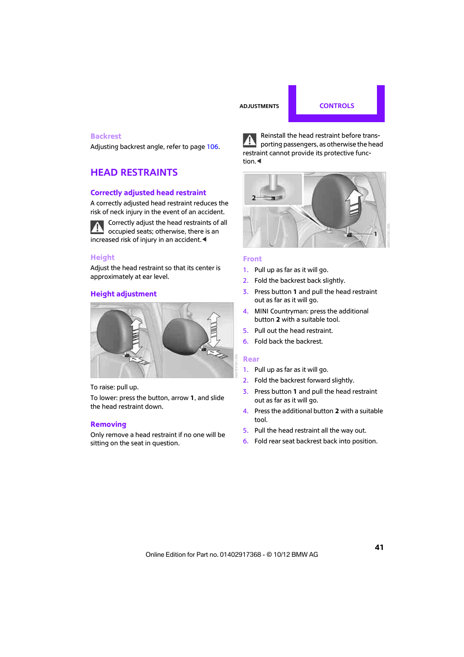 And on damage, Head restraints | Mini 2013 Countryman User Manual | Page 42 / 275