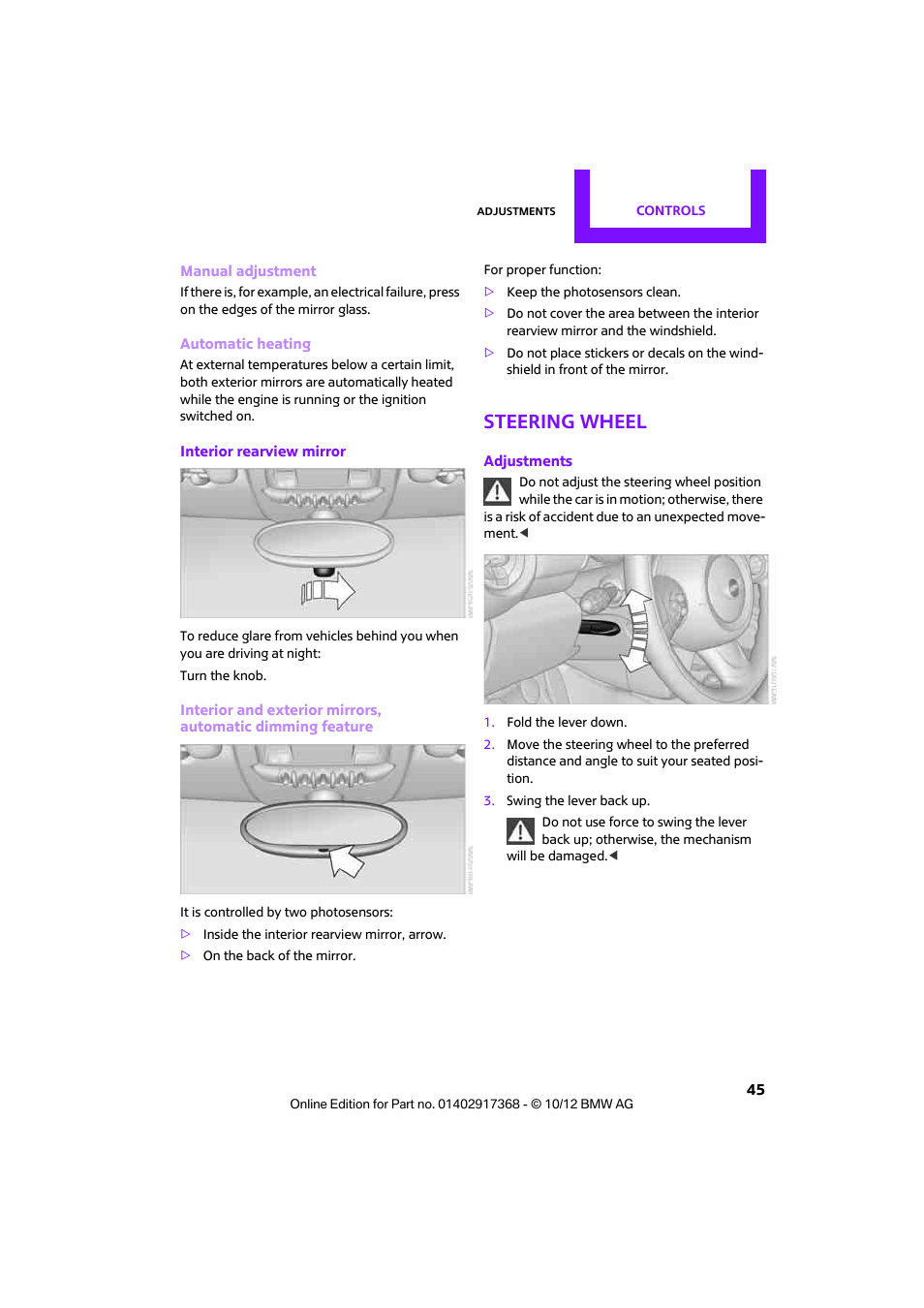 Steering wheel | Mini 2013 Countryman User Manual | Page 46 / 275