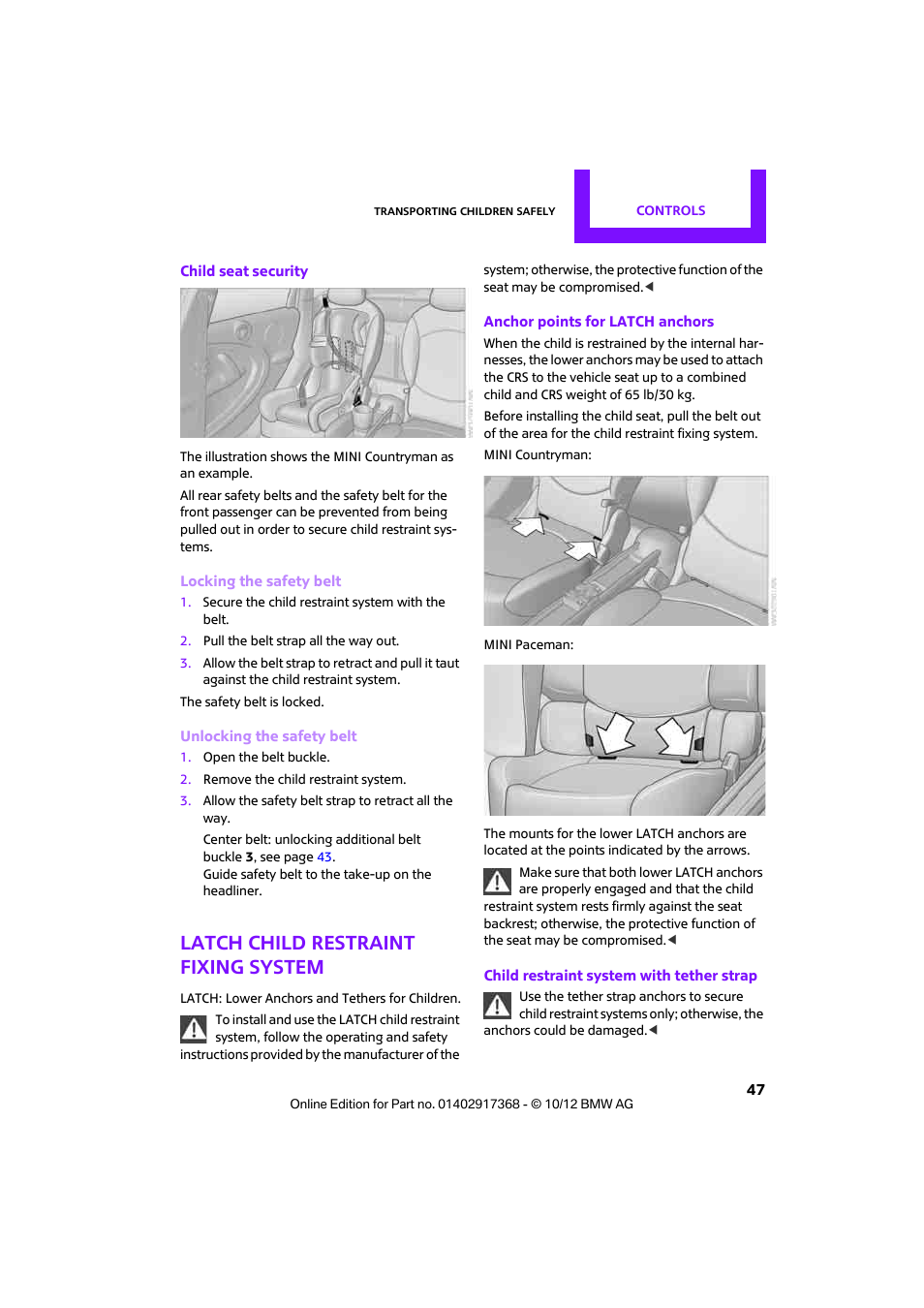 Latch child restraint fixing system | Mini 2013 Countryman User Manual | Page 48 / 275