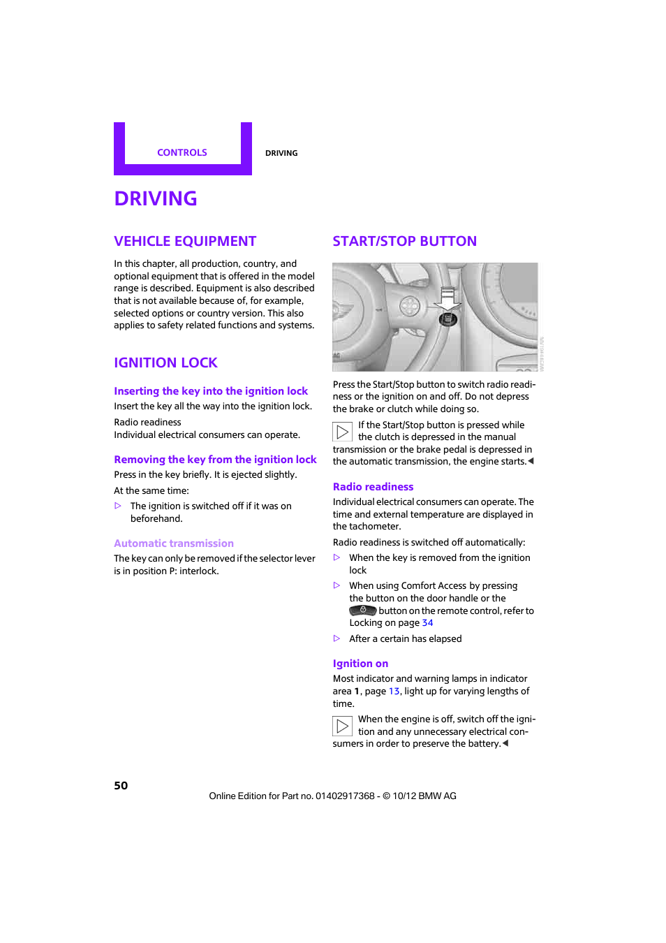 Driving, Vehicle equipment, Ignition lock | Start/stop button | Mini 2013 Countryman User Manual | Page 51 / 275