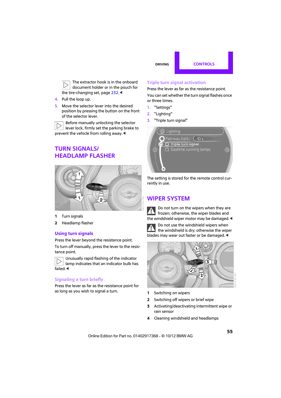 Per system, Activation, Turn signals/ headlamp flasher | Wiper system | Mini 2013 Countryman User Manual | Page 56 / 275
