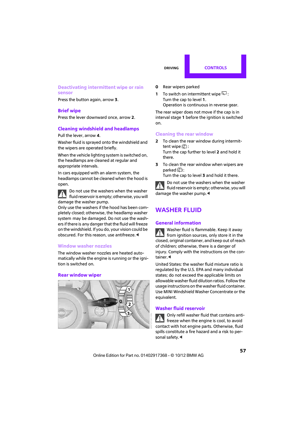Washer fluid | Mini 2013 Countryman User Manual | Page 58 / 275