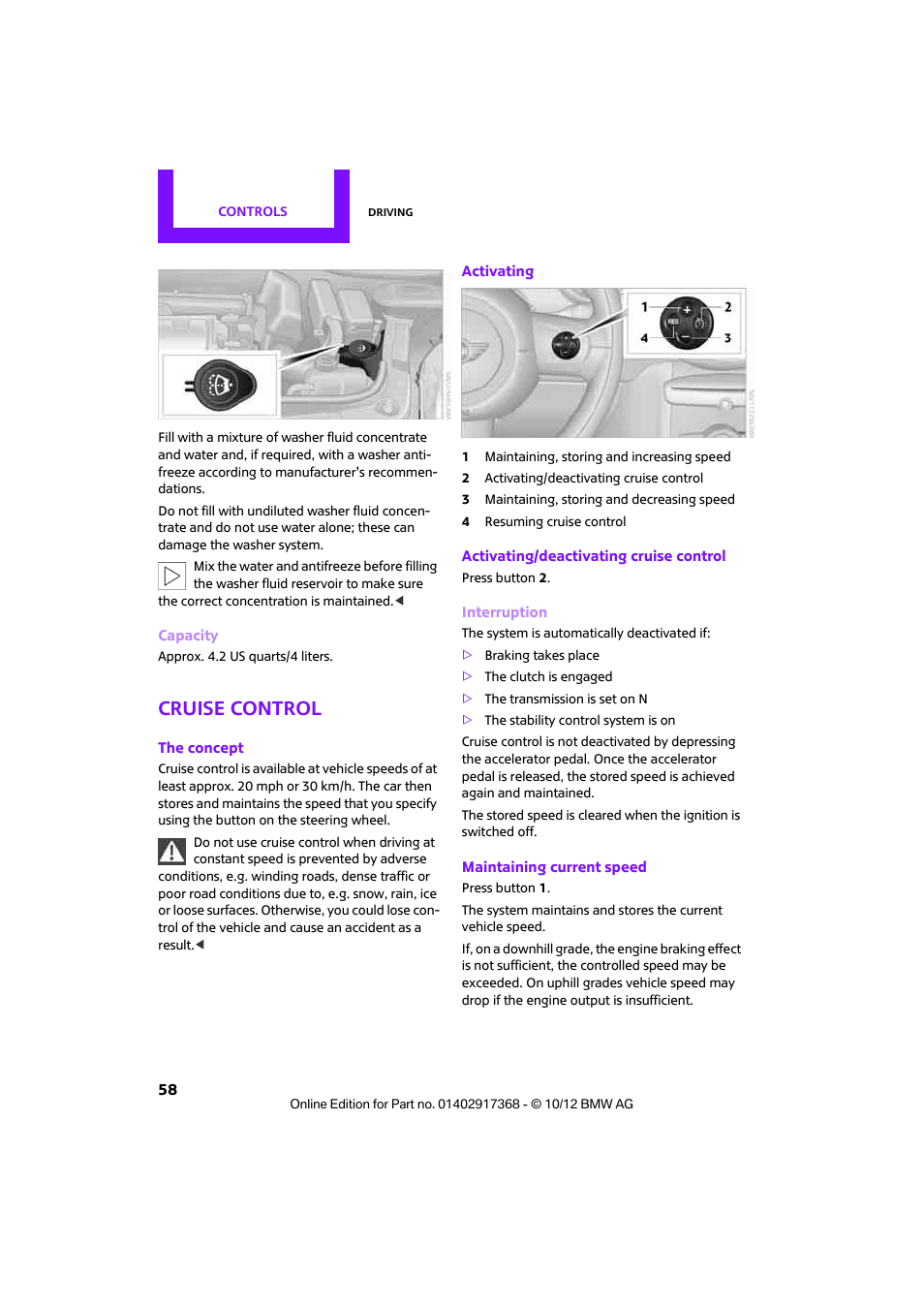 Cruise control | Mini 2013 Countryman User Manual | Page 59 / 275
