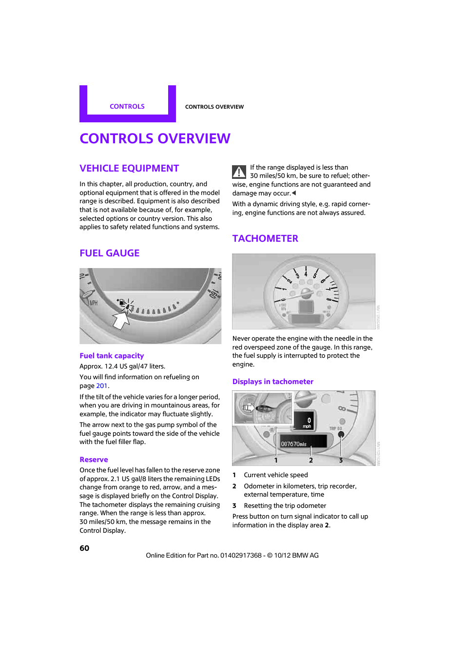 Controls overview, Vehicle equipment, Fuel gauge | Tachometer | Mini 2013 Countryman User Manual | Page 61 / 275