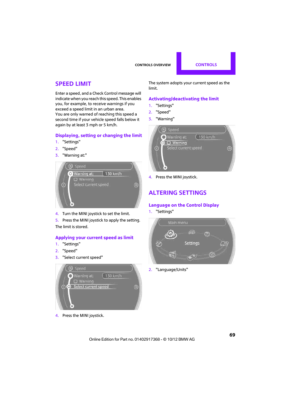 Language on the control display, Speed limit, Altering settings | Mini 2013 Countryman User Manual | Page 70 / 275