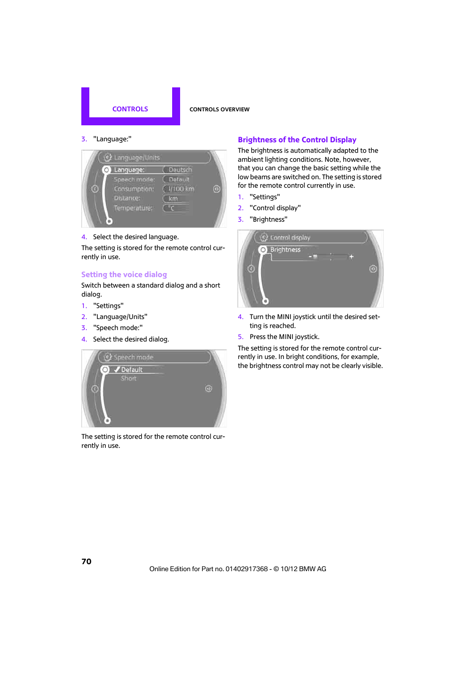 Brightness of the control display | Mini 2013 Countryman User Manual | Page 71 / 275