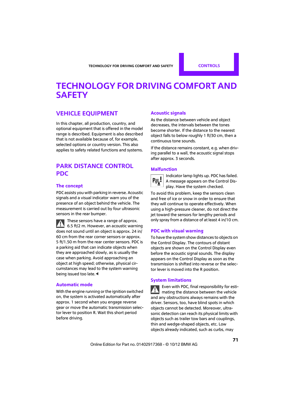 Technology for driving comfort and safety, Vehicle equipment, Park distance control pdc | Mini 2013 Countryman User Manual | Page 72 / 275