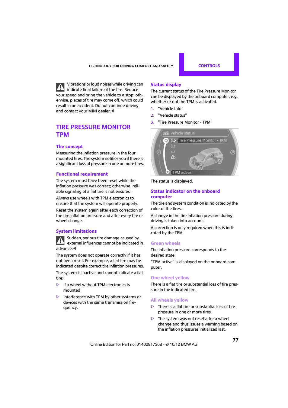 Tire pressure monitor tpm | Mini 2013 Countryman User Manual | Page 78 / 275