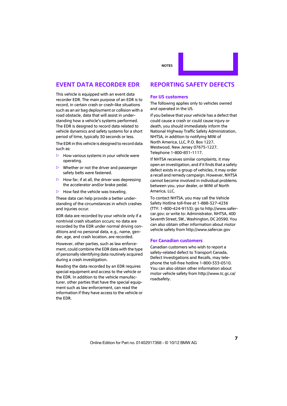 Event data recorder edr, Reporting safety defects | Mini 2013 Countryman User Manual | Page 8 / 275