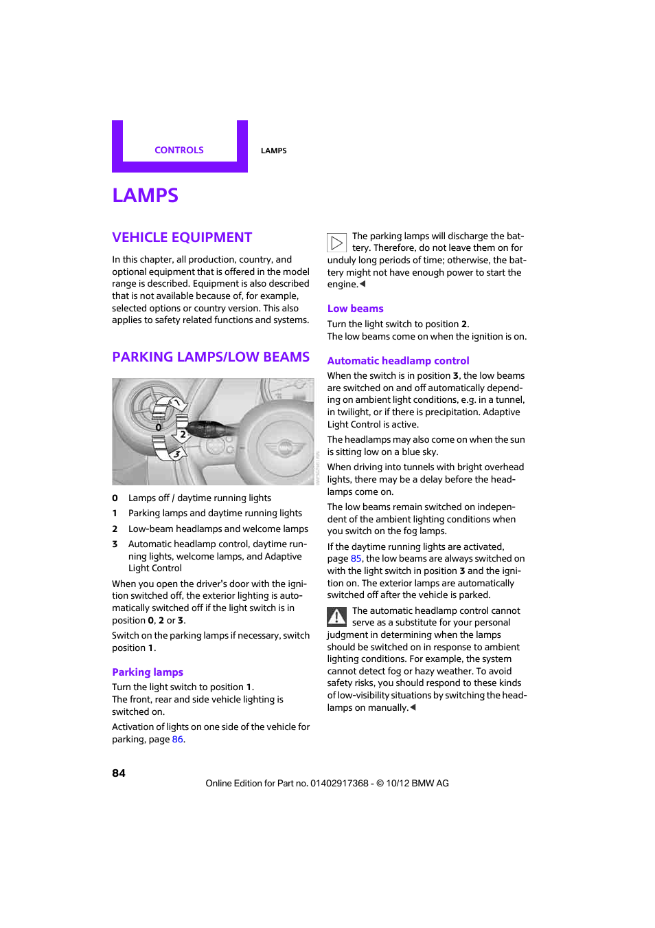 Lamps, Vehicle equipment, Parking lamps/low beams | Mini 2013 Countryman User Manual | Page 85 / 275