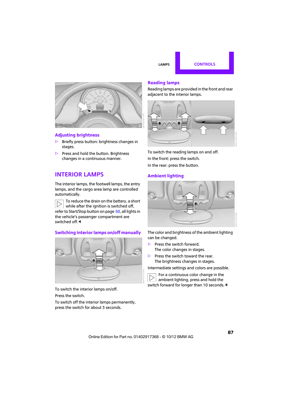 Interior lamps | Mini 2013 Countryman User Manual | Page 88 / 275