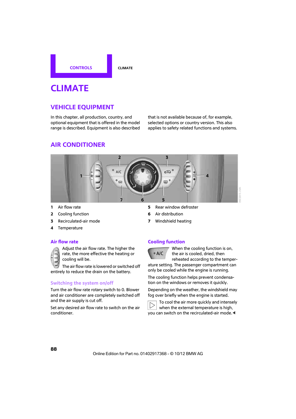 Climate, Vehicle equipment, Air conditioner | Mini 2013 Countryman User Manual | Page 89 / 275
