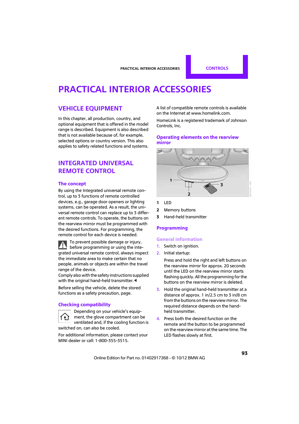 Practical interior accessories, Vehicle equipment, Integrated universal remote control | Mini 2013 Countryman User Manual | Page 94 / 275