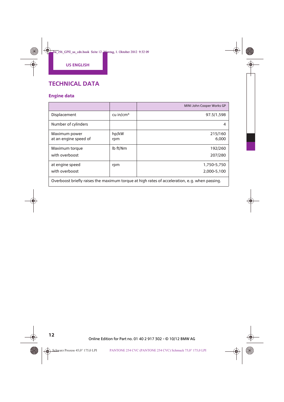 Technical data | Mini 2013 John Cooper Works GP User Manual | Page 12 / 27