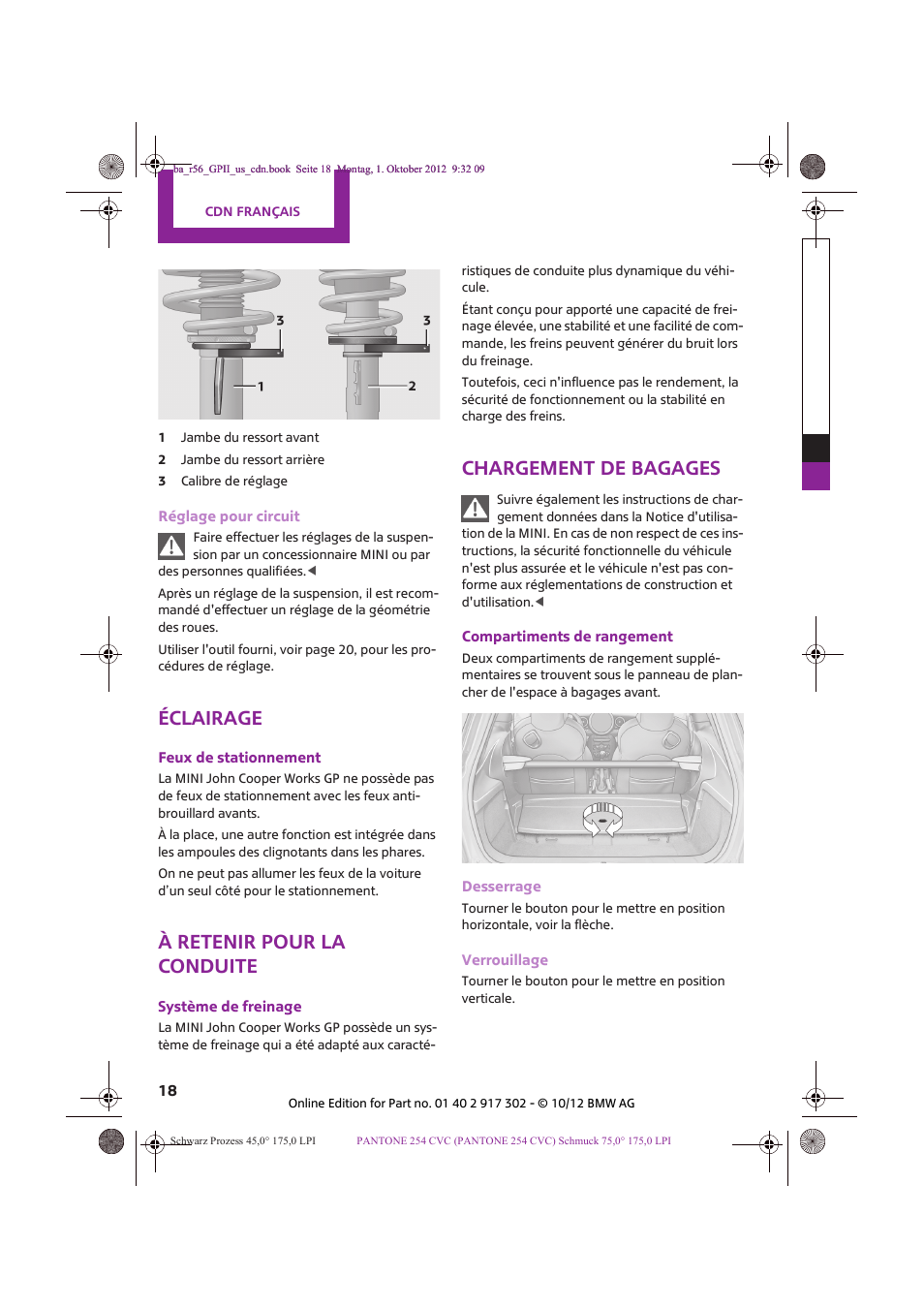Éclairage, À retenir pour la conduite, Chargement de bagages | Mini 2013 John Cooper Works GP User Manual | Page 18 / 27