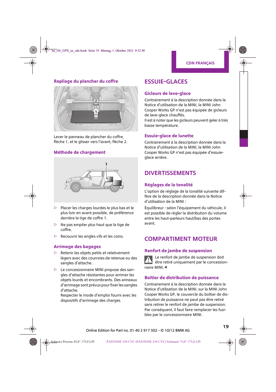 Essuie-glaces, Divertissements, Compartiment moteur | Mini 2013 John Cooper Works GP User Manual | Page 19 / 27