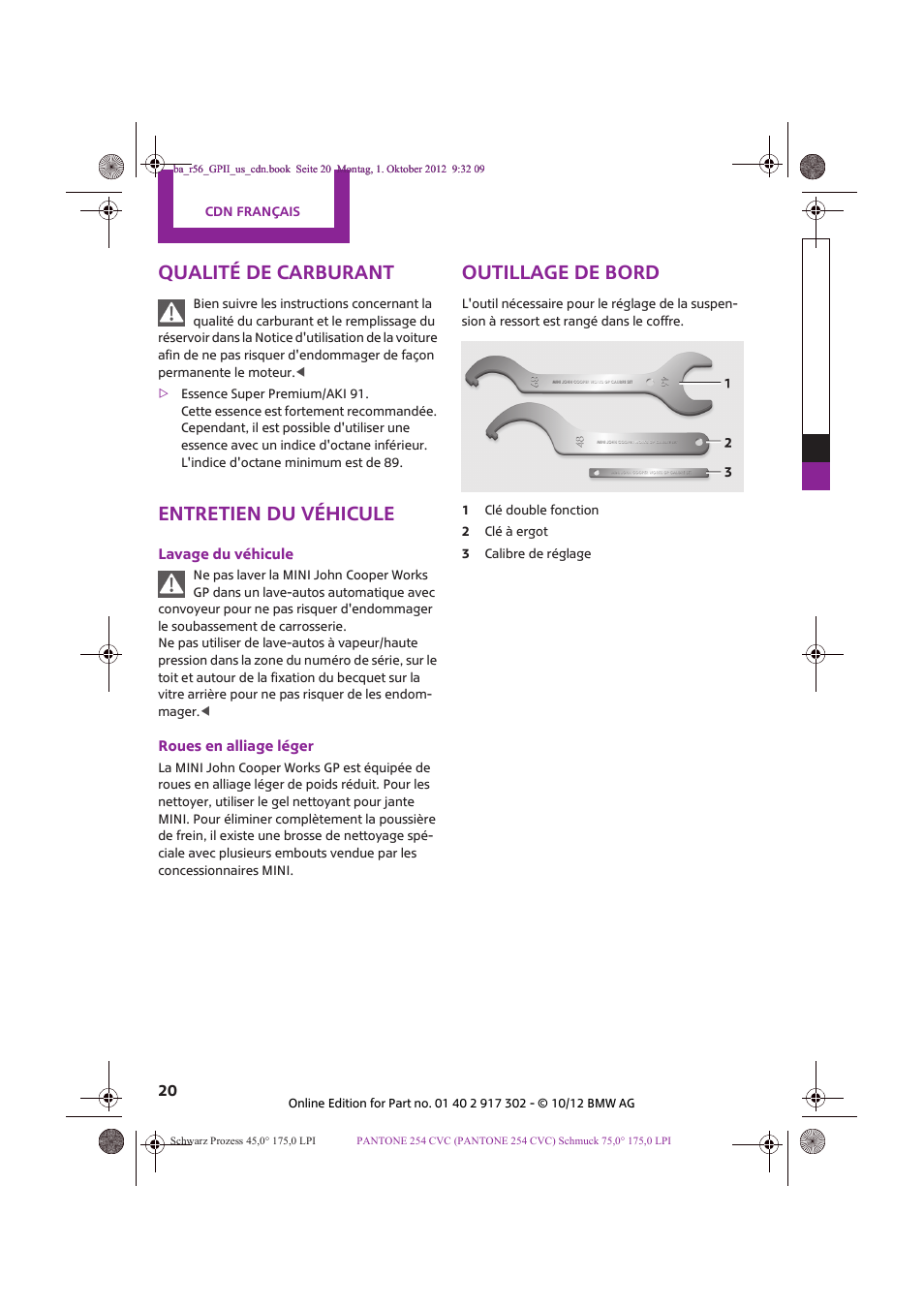 Qualité de carburant, Entretien du véhicule, Outillage de bord | Mini 2013 John Cooper Works GP User Manual | Page 20 / 27