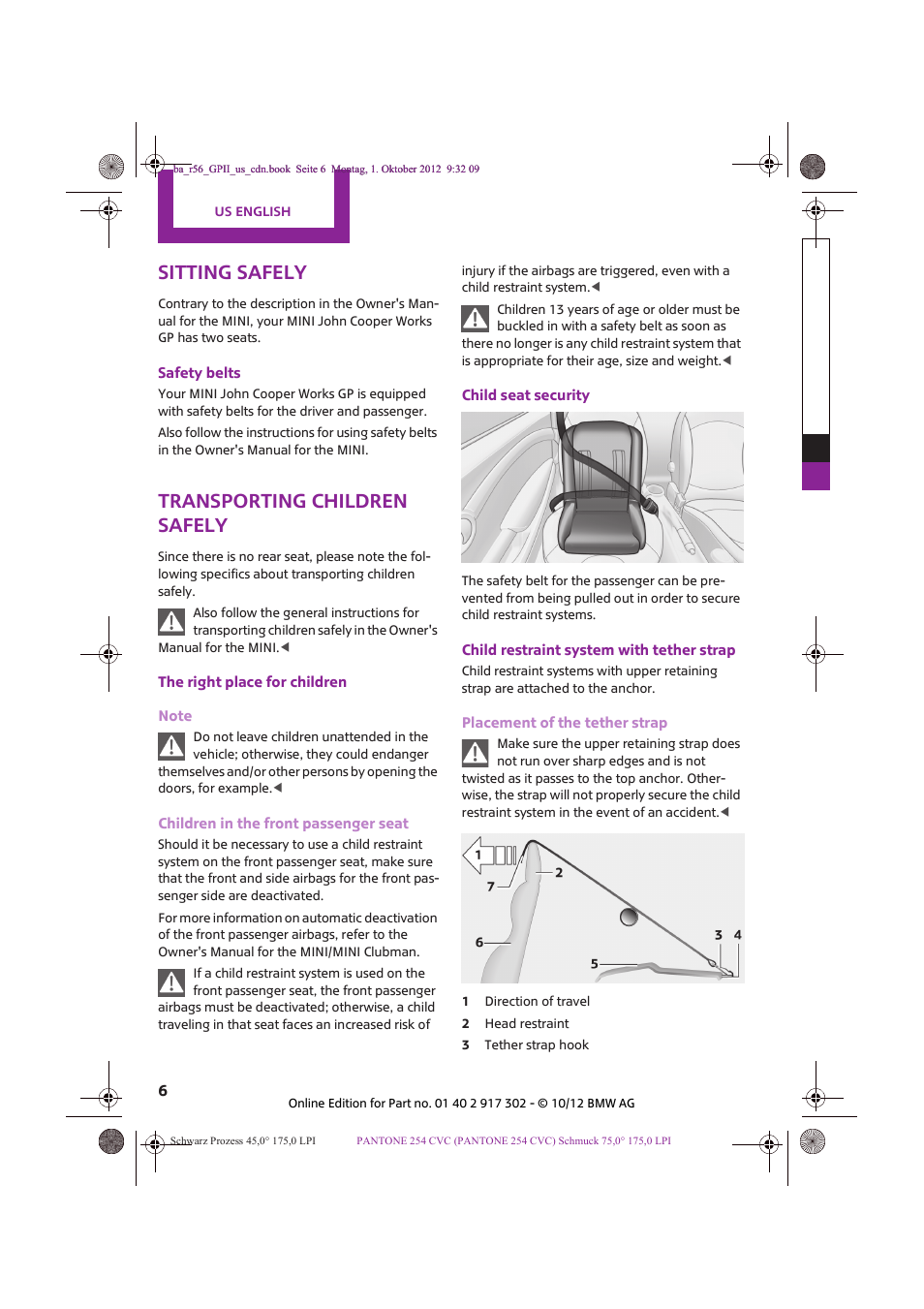 Sitting safely, Transporting children safely | Mini 2013 John Cooper Works GP User Manual | Page 6 / 27