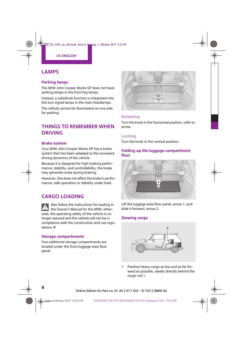 Lamps, Things to remember when driving, Cargo loading | Mini 2013 John Cooper Works GP User Manual | Page 8 / 27