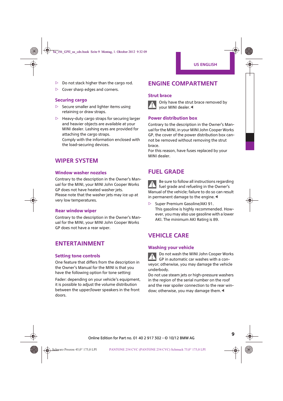 Wiper system, Entertainment, Engine compartment | Fuel grade, Vehicle care | Mini 2013 John Cooper Works GP User Manual | Page 9 / 27