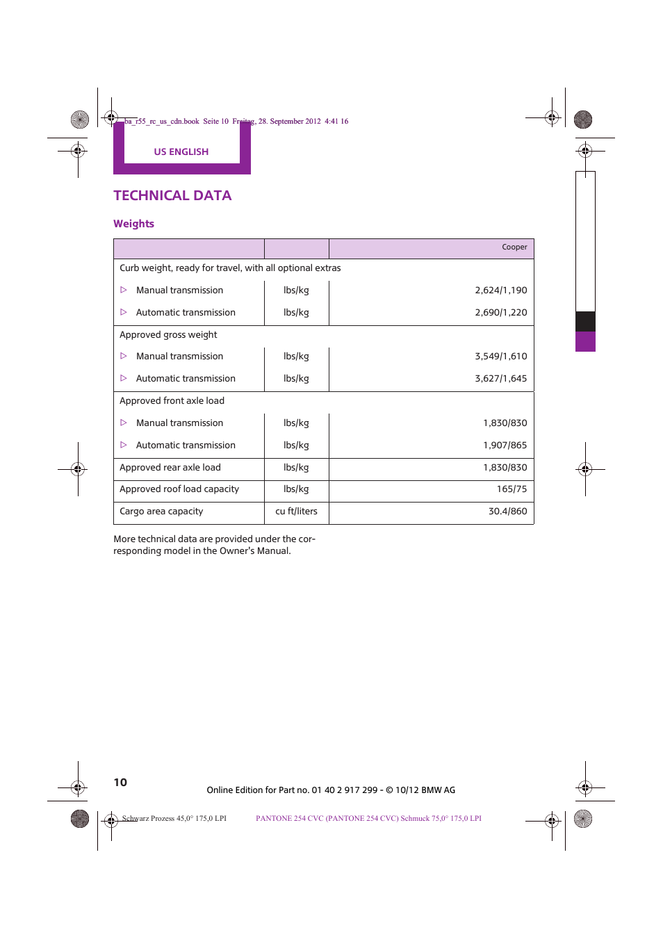 Technical data | Mini 2013 Clubvan User Manual | Page 10 / 18