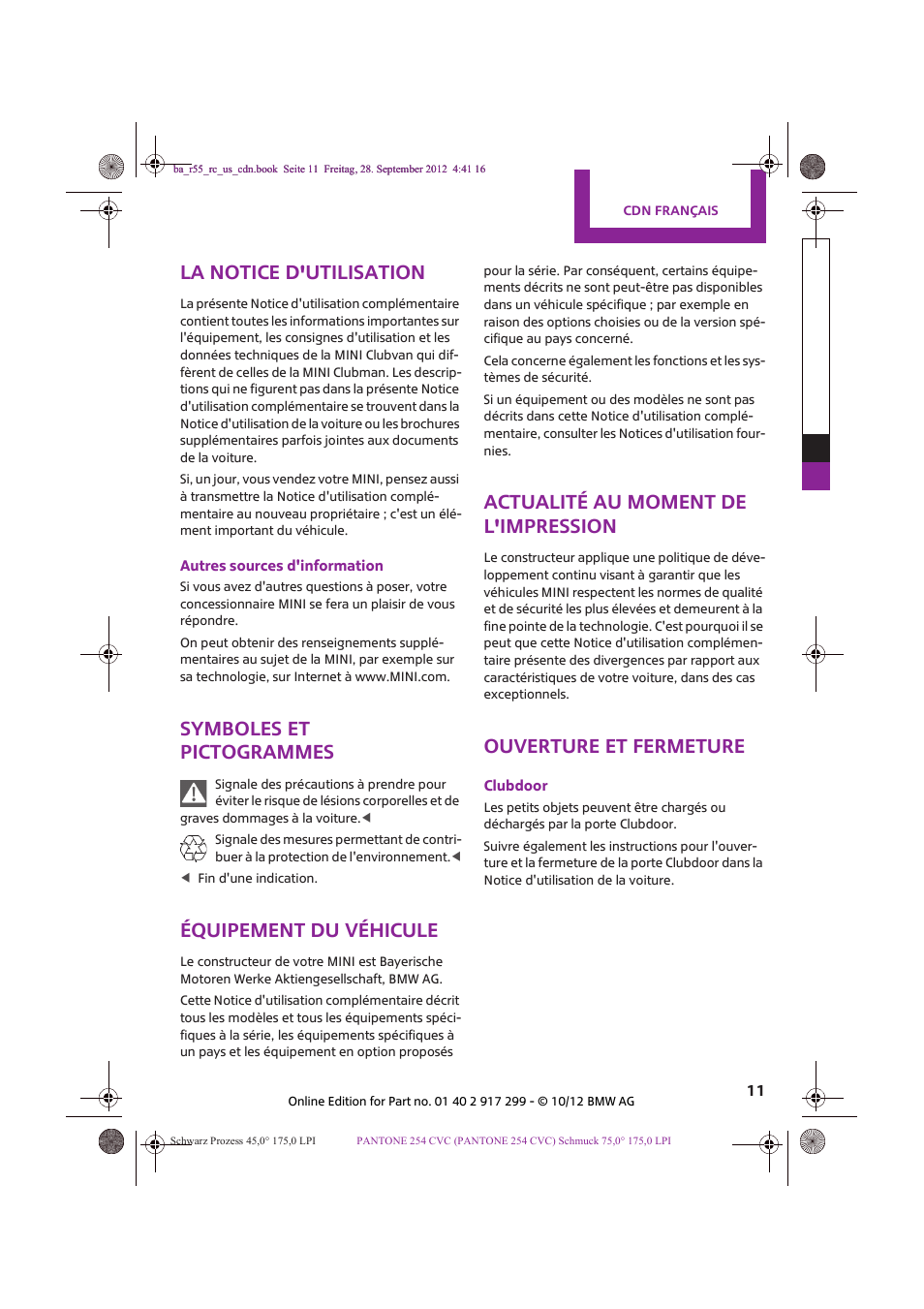 Cdn français, La notice d'utilisation | Mini 2013 Clubvan User Manual | Page 11 / 18