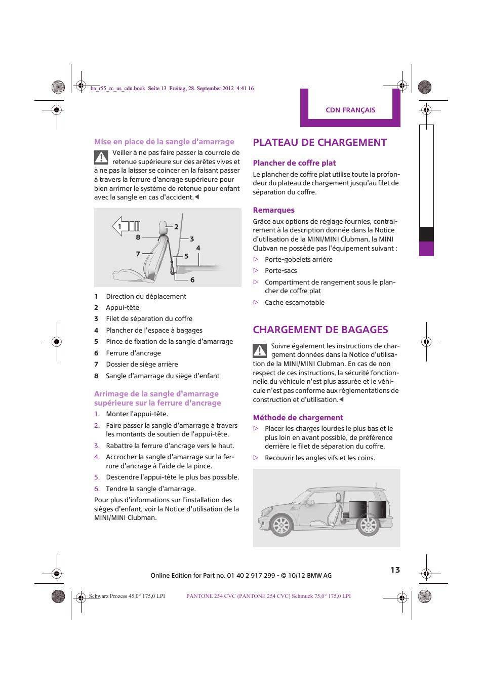 Plateau de chargement, Chargement de bagages | Mini 2013 Clubvan User Manual | Page 13 / 18