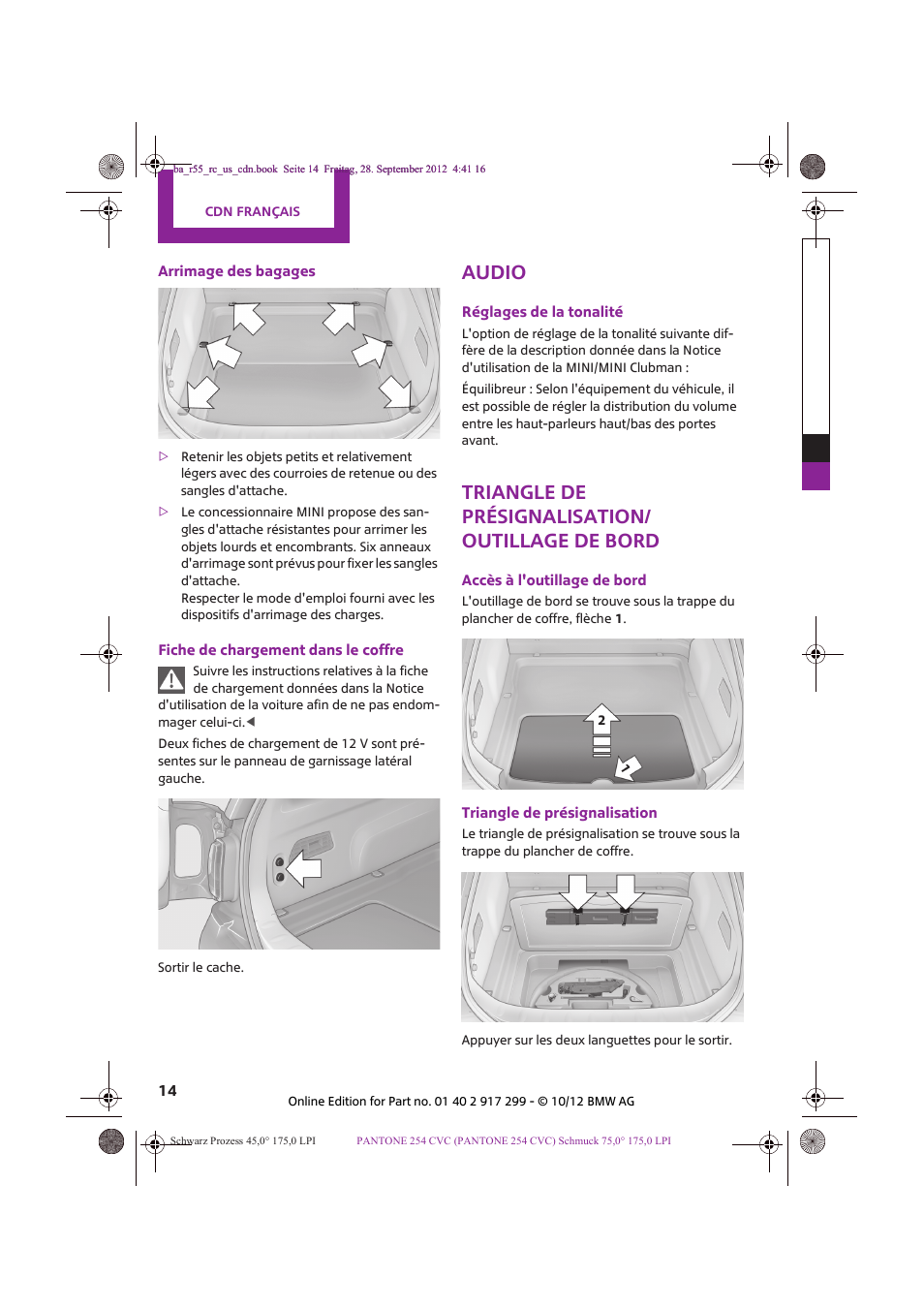 Audio, Triangle de présignalisation/ outillage de bord | Mini 2013 Clubvan User Manual | Page 14 / 18