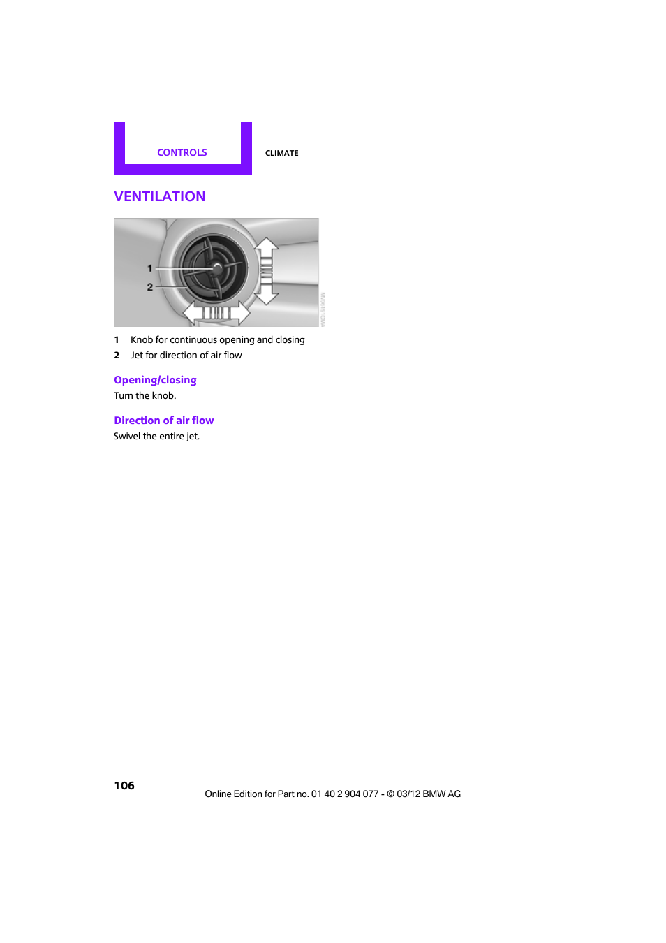 Ventilation | Mini 2012 Coupe Roadster Convertible User Manual | Page 107 / 283
