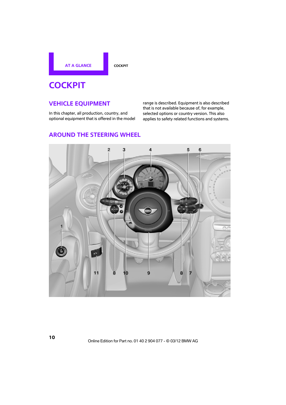 Cockpit, Vehicle equipment, Around the steering wheel | Mini 2012 Coupe Roadster Convertible User Manual | Page 11 / 283