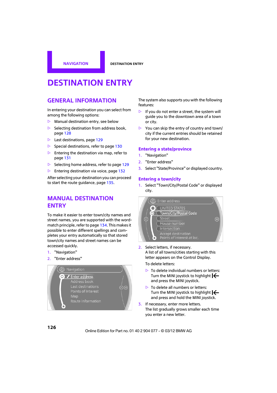 Destination entry, General information, Manual destination entry | Mini 2012 Coupe Roadster Convertible User Manual | Page 127 / 283